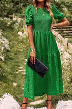 Pleated Tiered Solid Short Puff Sleeve A Line Dres | Mixtshop LLC