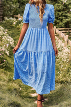 Pleated Tiered Solid Short Puff Sleeve A Line Dres | Mixtshop LLC