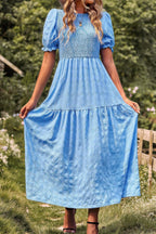 Pleated Tiered Solid Short Puff Sleeve A Line Dres | Mixtshop LLC
