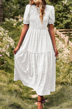 Pleated Tiered Solid Short Puff Sleeve A Line Dres | Mixtshop LLC
