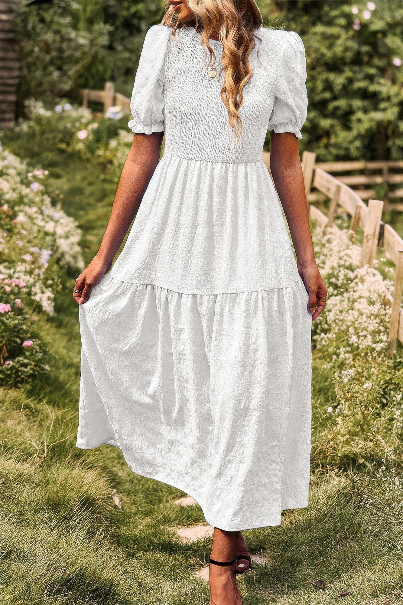 Pleated Tiered Solid Short Puff Sleeve A Line Dres | Mixtshop LLC