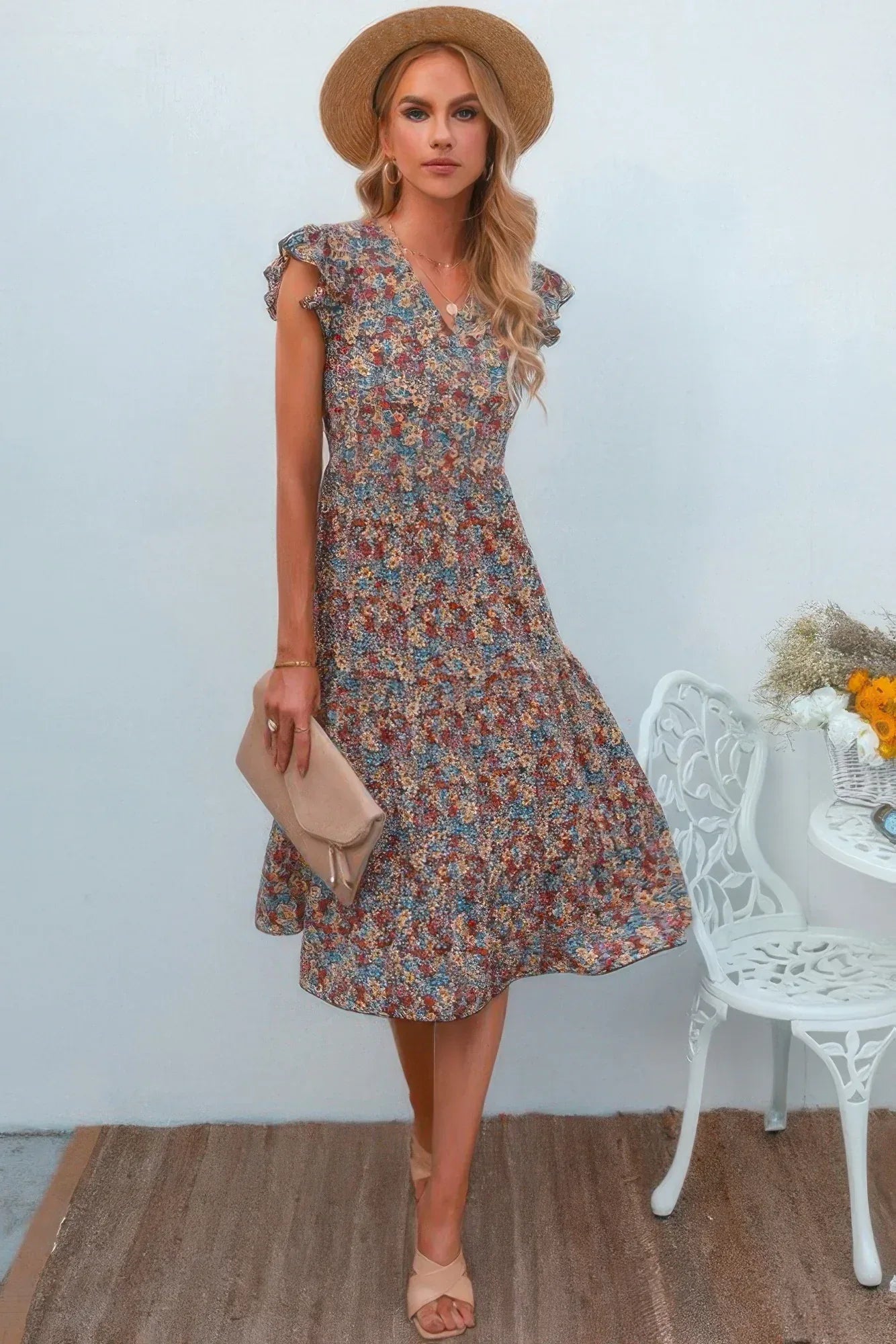 Boho Floral V Neck Ruffle Sleeve A Line Midi Dress | Mixtshop LLC Main image