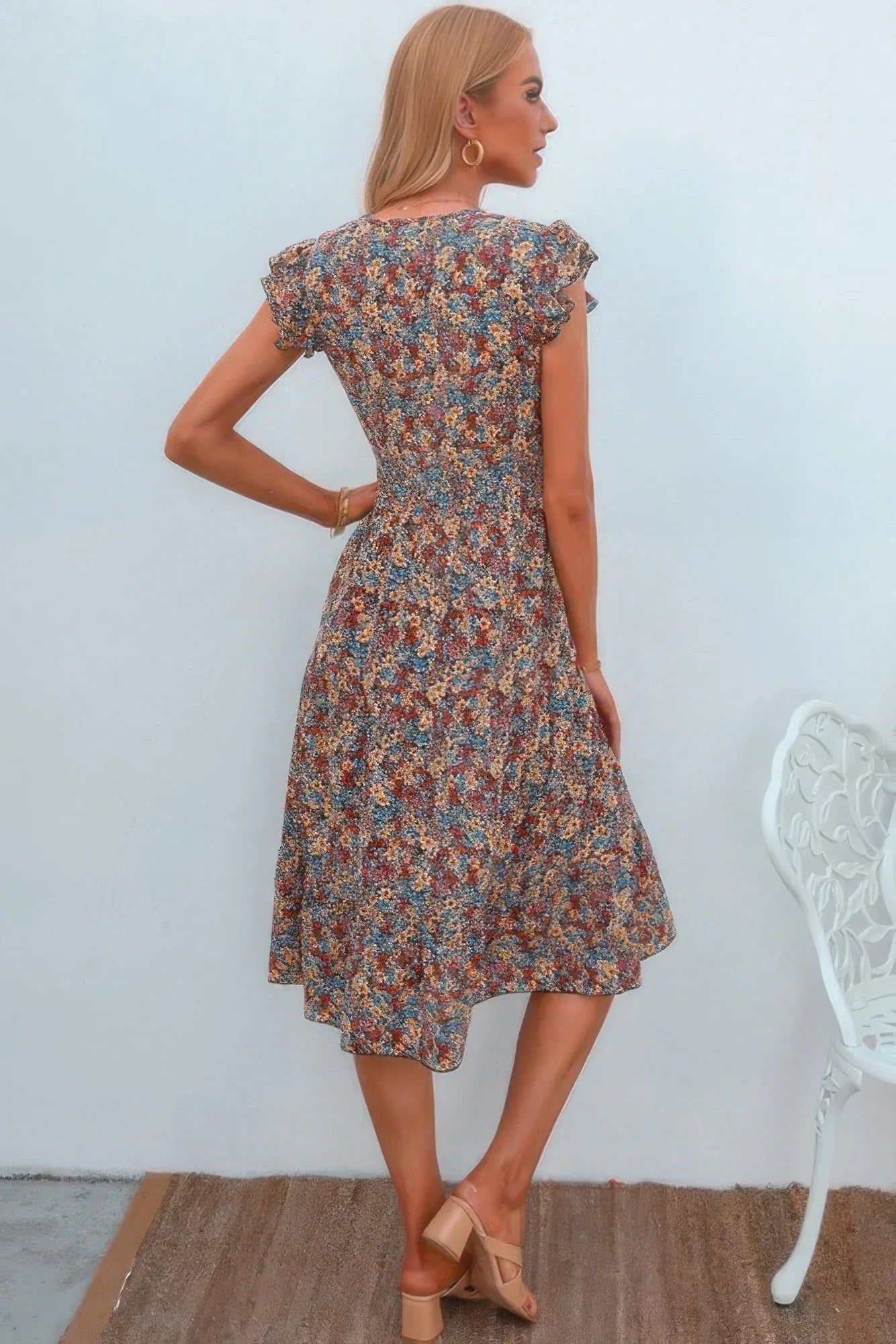 Boho Floral V Neck Ruffle Sleeve A Line Midi Dress | Mixtshop LLC
