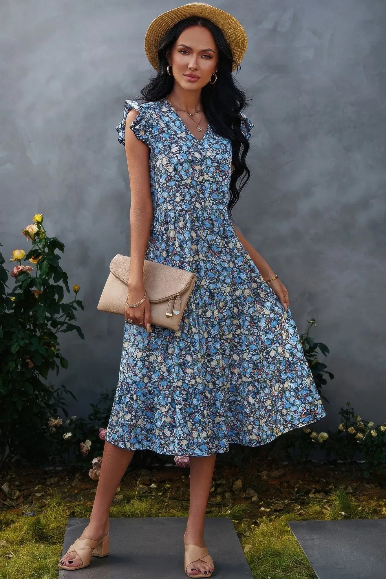 Boho Floral V Neck Ruffle Sleeve A Line Midi Dress | Mixtshop LLC