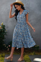 Boho Floral V Neck Ruffle Sleeve A Line Midi Dress | Mixtshop LLC