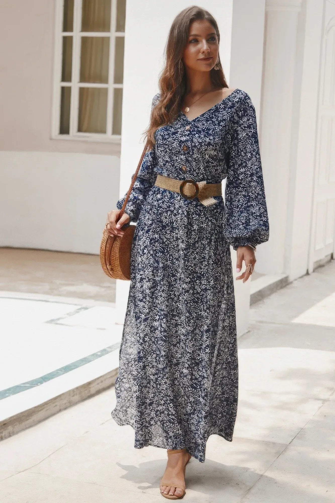 Floral V Neck Long Sleeve Full Dress | Mixtshop LLC Main image