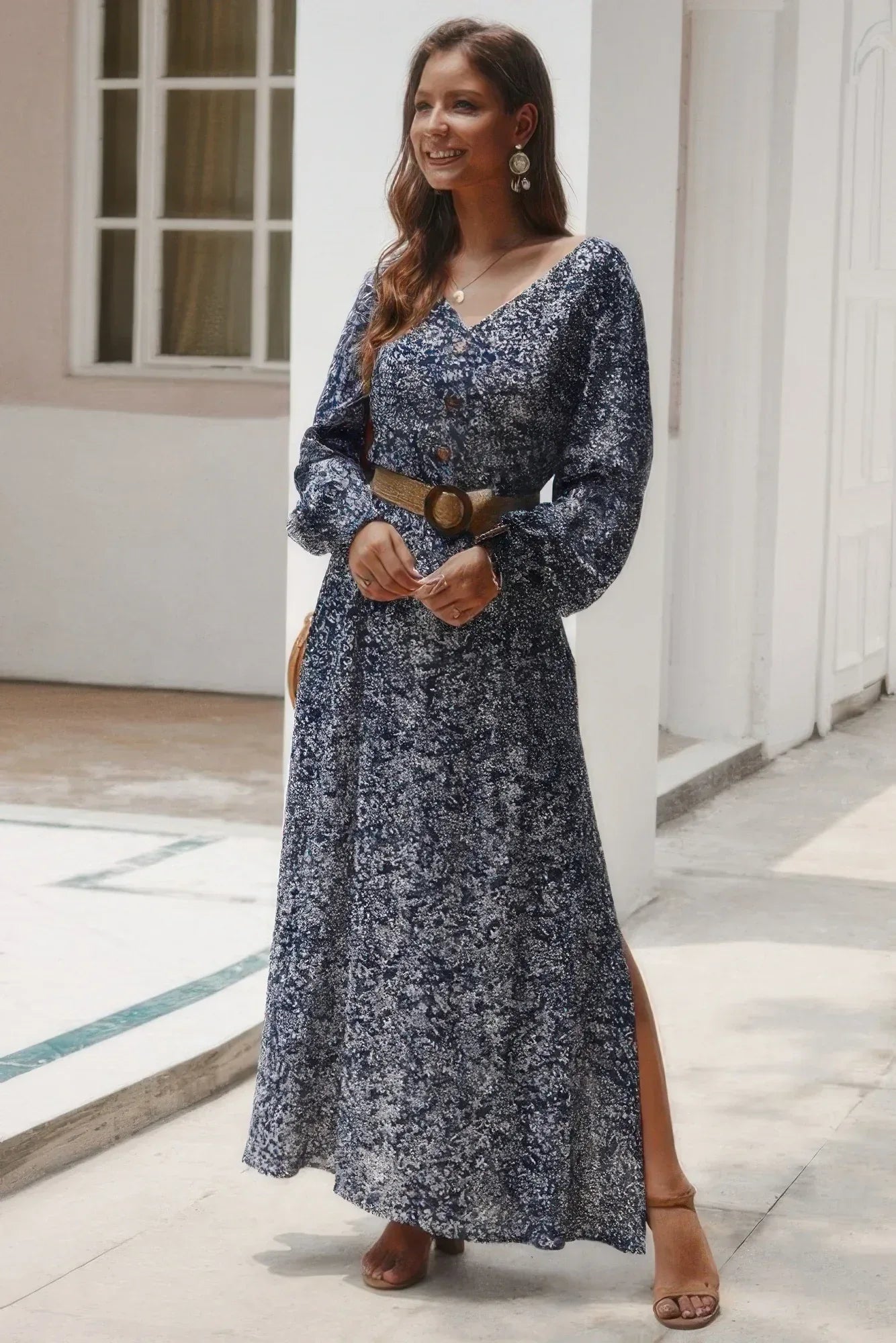 Floral V Neck Long Sleeve Full Dress | Mixtshop LLC
