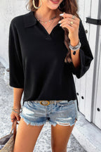 Solid Notched Collar V Neck Knit Short Sleeve Swea | Mixtshop LLC