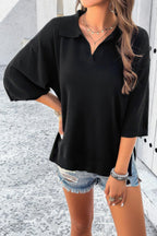 Solid Notched Collar V Neck Knit Short Sleeve Swea | Mixtshop LLC