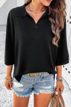 Solid Notched Collar V Neck Knit Short Sleeve Swea | Mixtshop LLC