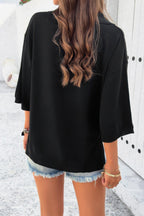 Solid Notched Collar V Neck Knit Short Sleeve Swea | Mixtshop LLC
