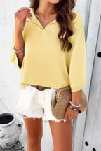 Solid Notched Collar V Neck Knit Short Sleeve Swea | Mixtshop LLC
