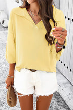 Solid Notched Collar V Neck Knit Short Sleeve Swea | Mixtshop LLC