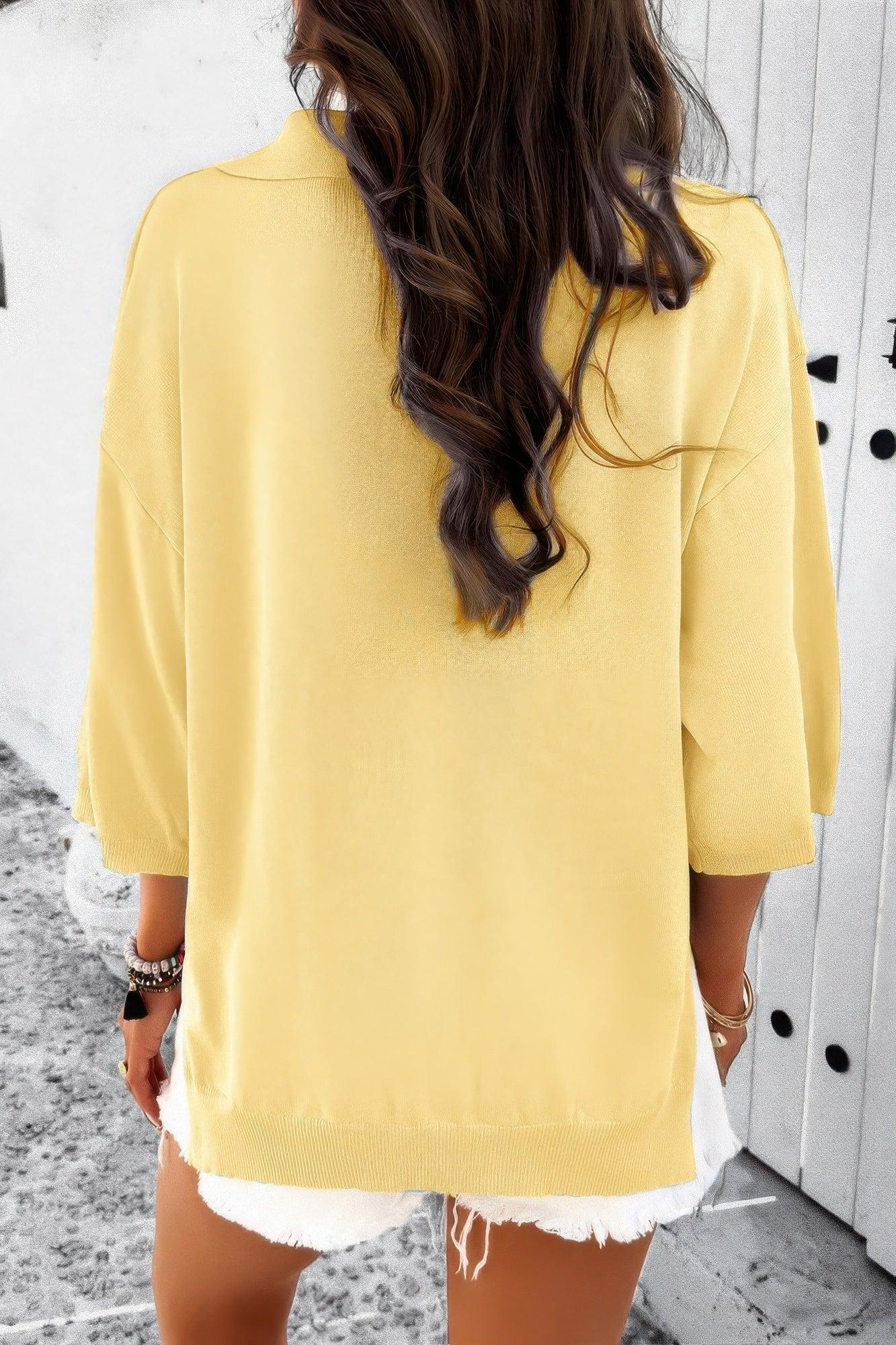 Solid Notched Collar V Neck Knit Short Sleeve Swea | Mixtshop LLC