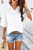 Solid Notched Collar V Neck Knit Short Sleeve Swea | Mixtshop LLC