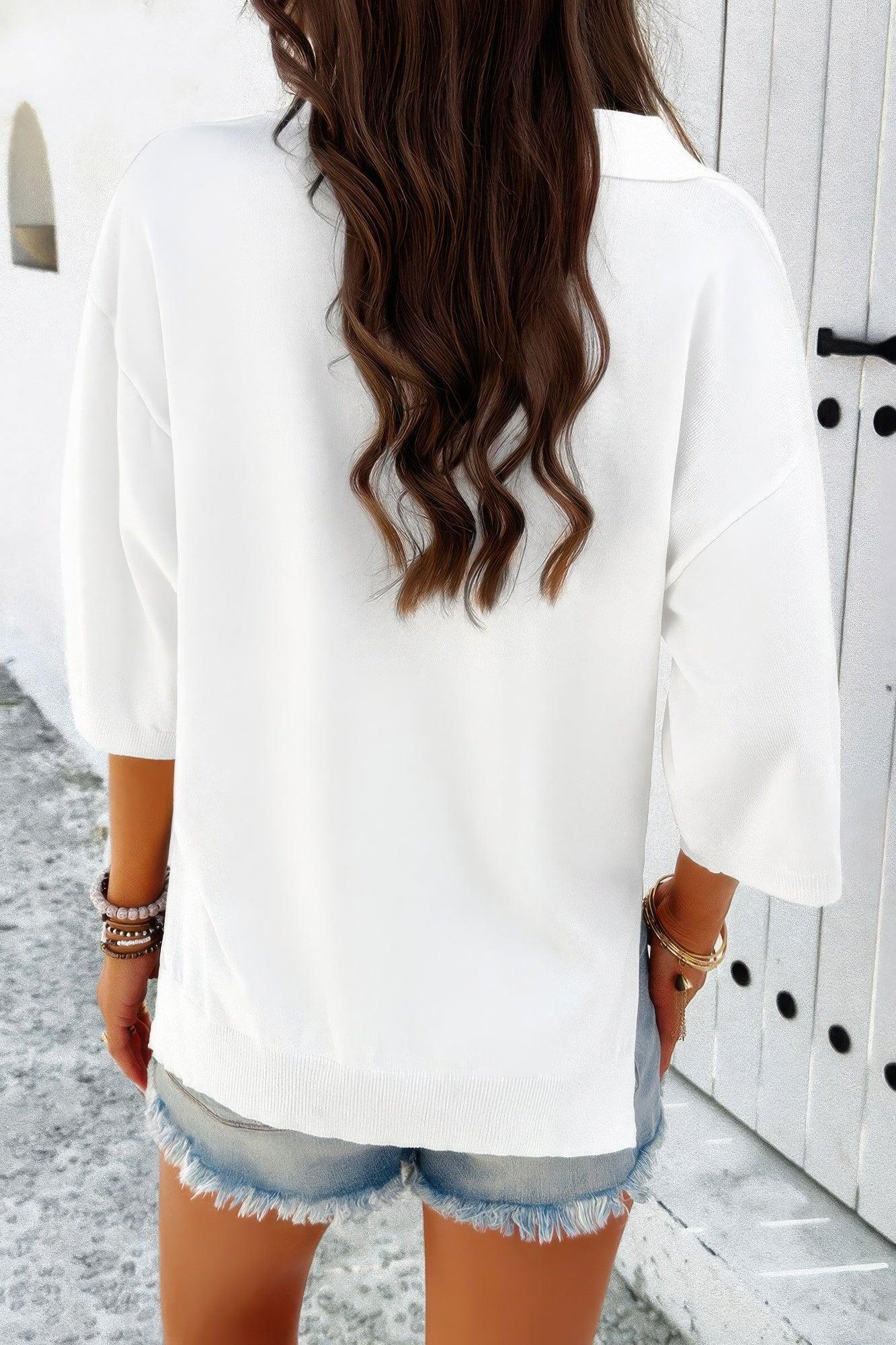 Solid Notched Collar V Neck Knit Short Sleeve Swea | Mixtshop LLC