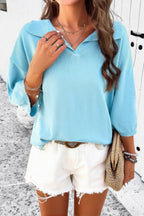 Solid Notched Collar V Neck Knit Short Sleeve Swea | Mixtshop LLC