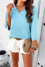 Solid Notched Collar V Neck Knit Short Sleeve Swea | Mixtshop LLC