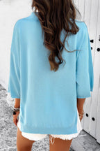 Solid Notched Collar V Neck Knit Short Sleeve Swea | Mixtshop LLC