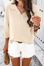 Solid Notched Collar V Neck Knit Short Sleeve Swea | Mixtshop LLC