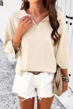 Solid Notched Collar V Neck Knit Short Sleeve Swea | Mixtshop LLC