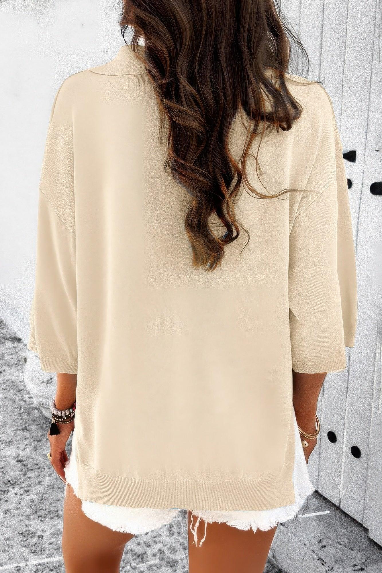 Solid Notched Collar V Neck Knit Short Sleeve Swea | Mixtshop LLC