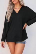 Solid Drop Shoulder V Neck Split Long Sleeve Blous | Mixtshop LLC