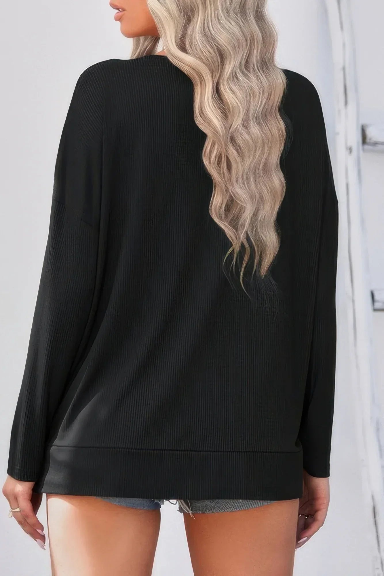 Solid Drop Shoulder V Neck Split Long Sleeve Blous | Mixtshop LLC
