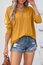 Solid Drop Shoulder V Neck Split Long Sleeve Blous | Mixtshop LLC