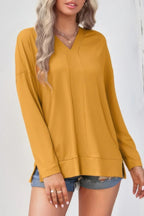 Solid Drop Shoulder V Neck Split Long Sleeve Blous | Mixtshop LLC