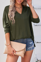 Solid Drop Shoulder V Neck Split Long Sleeve Blous | Mixtshop LLC