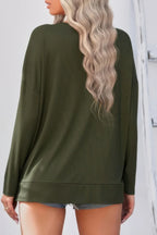 Solid Drop Shoulder V Neck Split Long Sleeve Blous | Mixtshop LLC