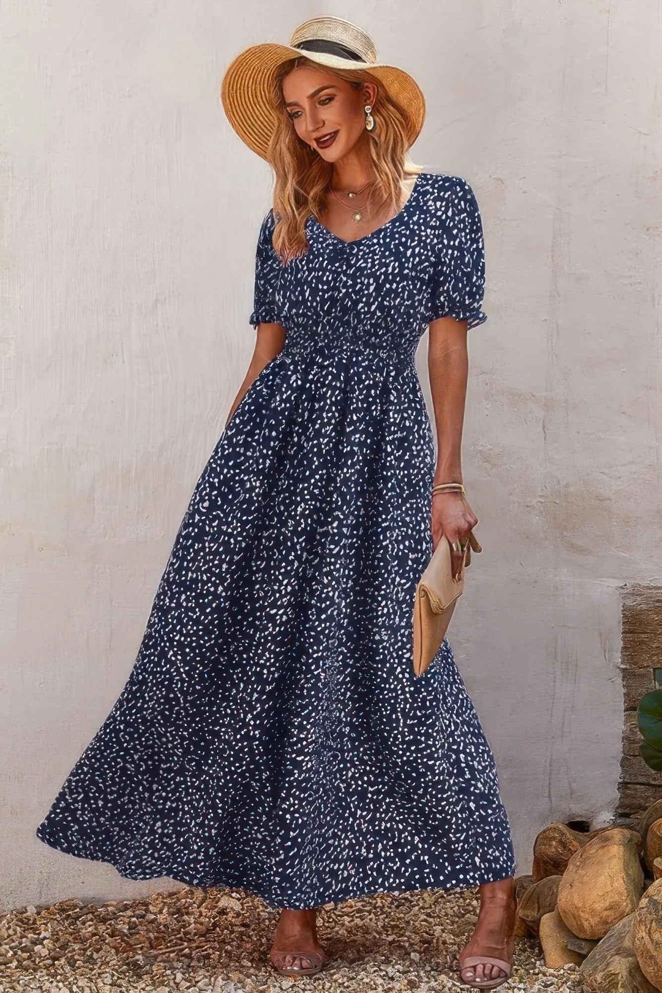 Allover Print Puff Sleeve Ruched Shirred Dress Secondary image