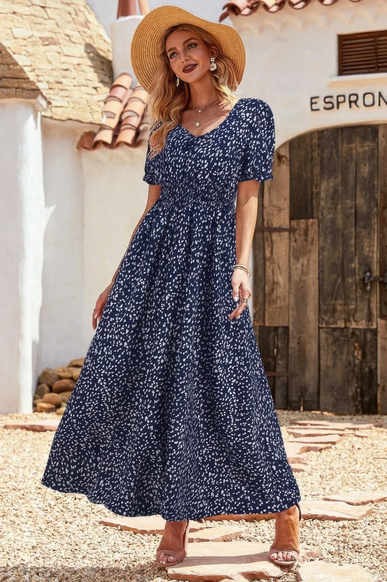 Allover Print Puff Sleeve Ruched Shirred Dress | Mixtshop LLC
