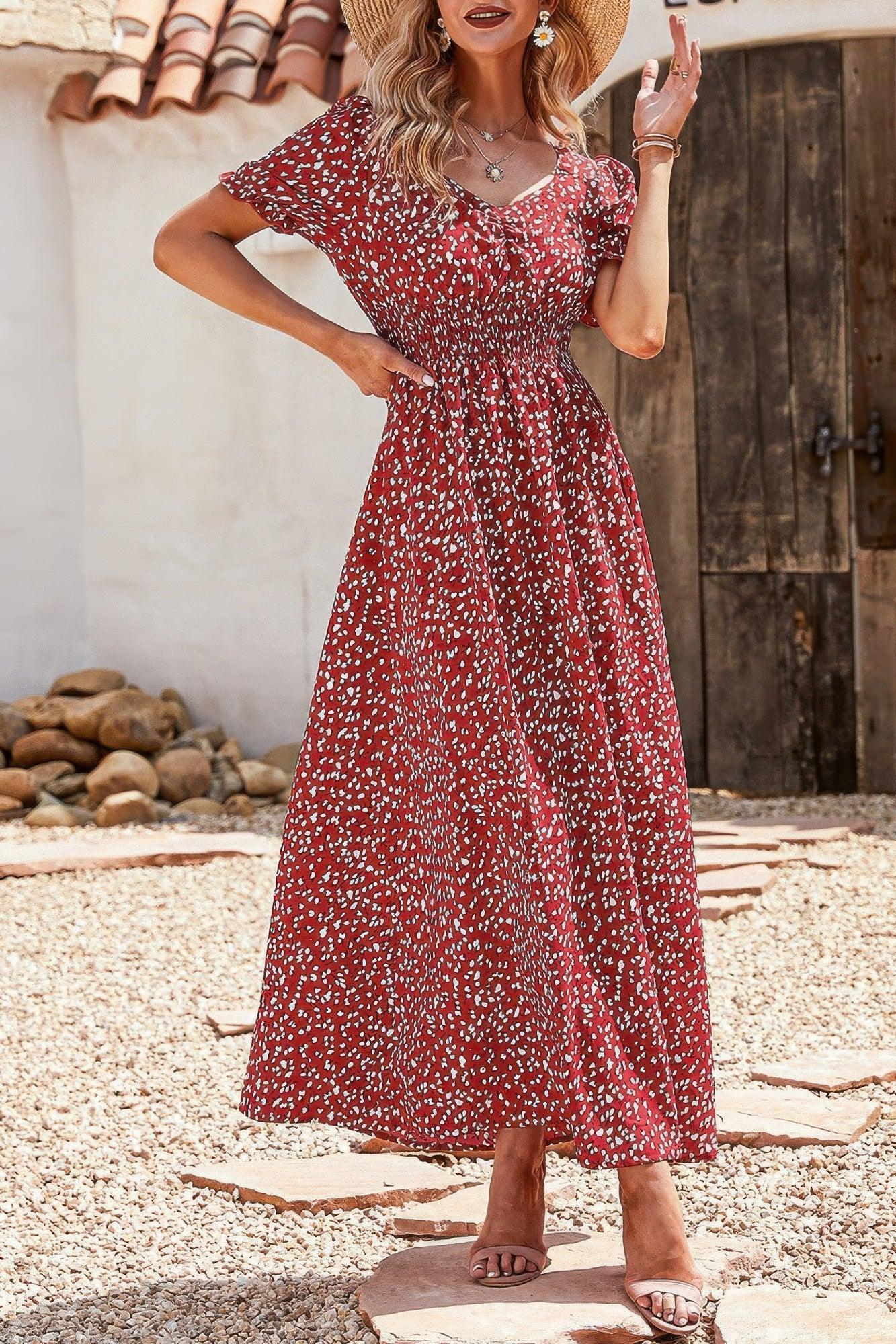 Allover Print Puff Sleeve Ruched Shirred Dress | Mixtshop LLC