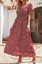 Allover Print Puff Sleeve Ruched Shirred Dress | Mixtshop LLC