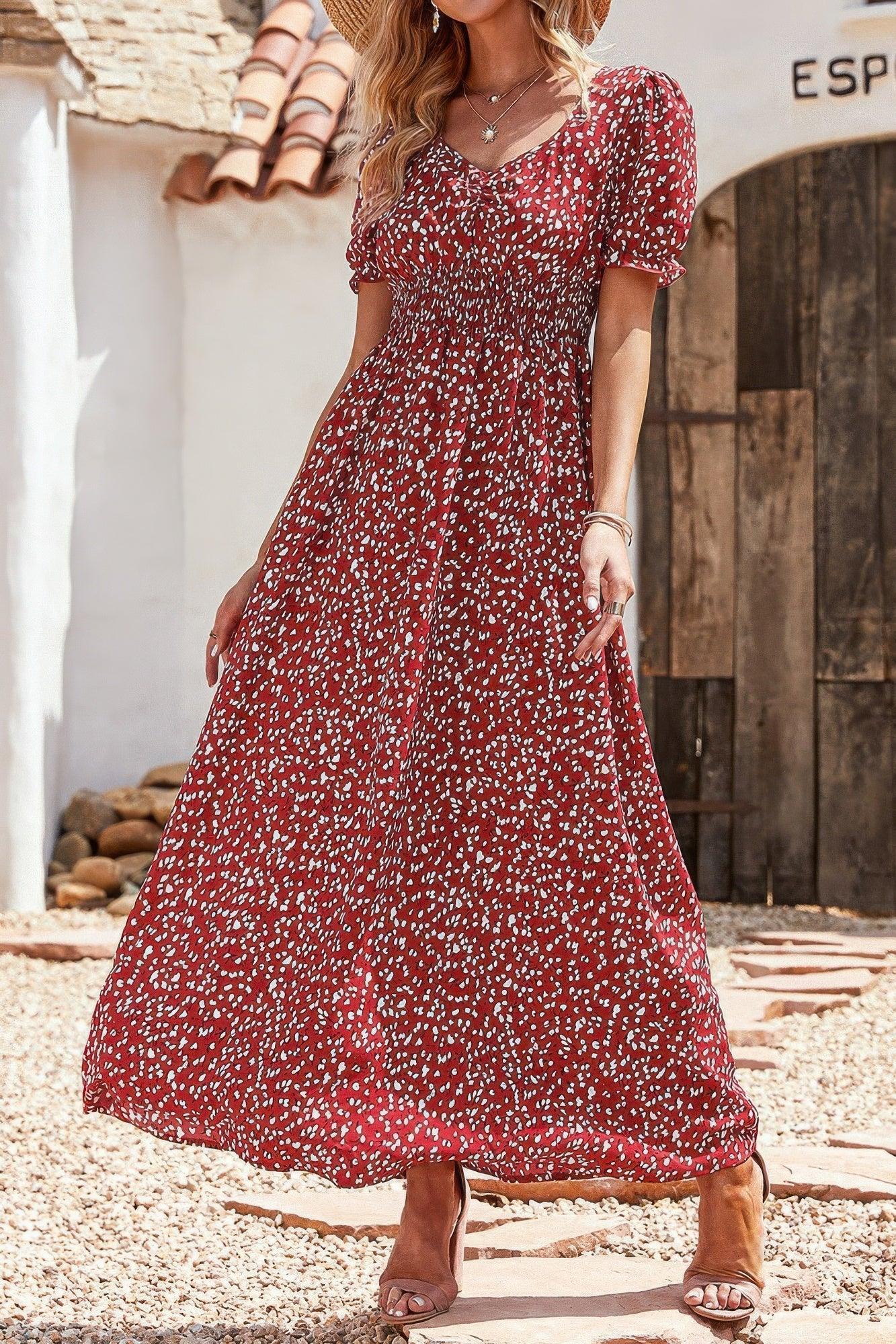 Allover Print Puff Sleeve Ruched Shirred Dress | Mixtshop LLC