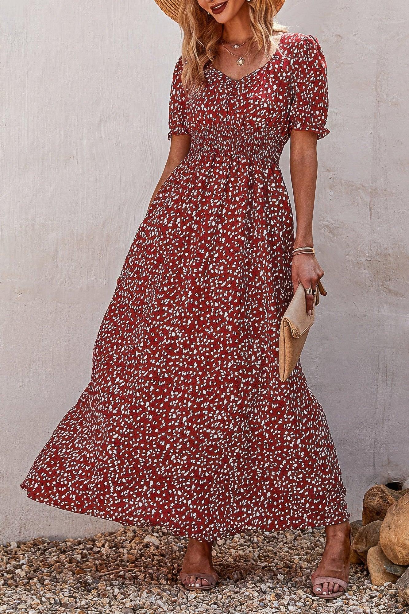 Allover Print Puff Sleeve Ruched Shirred Dress | Mixtshop LLC