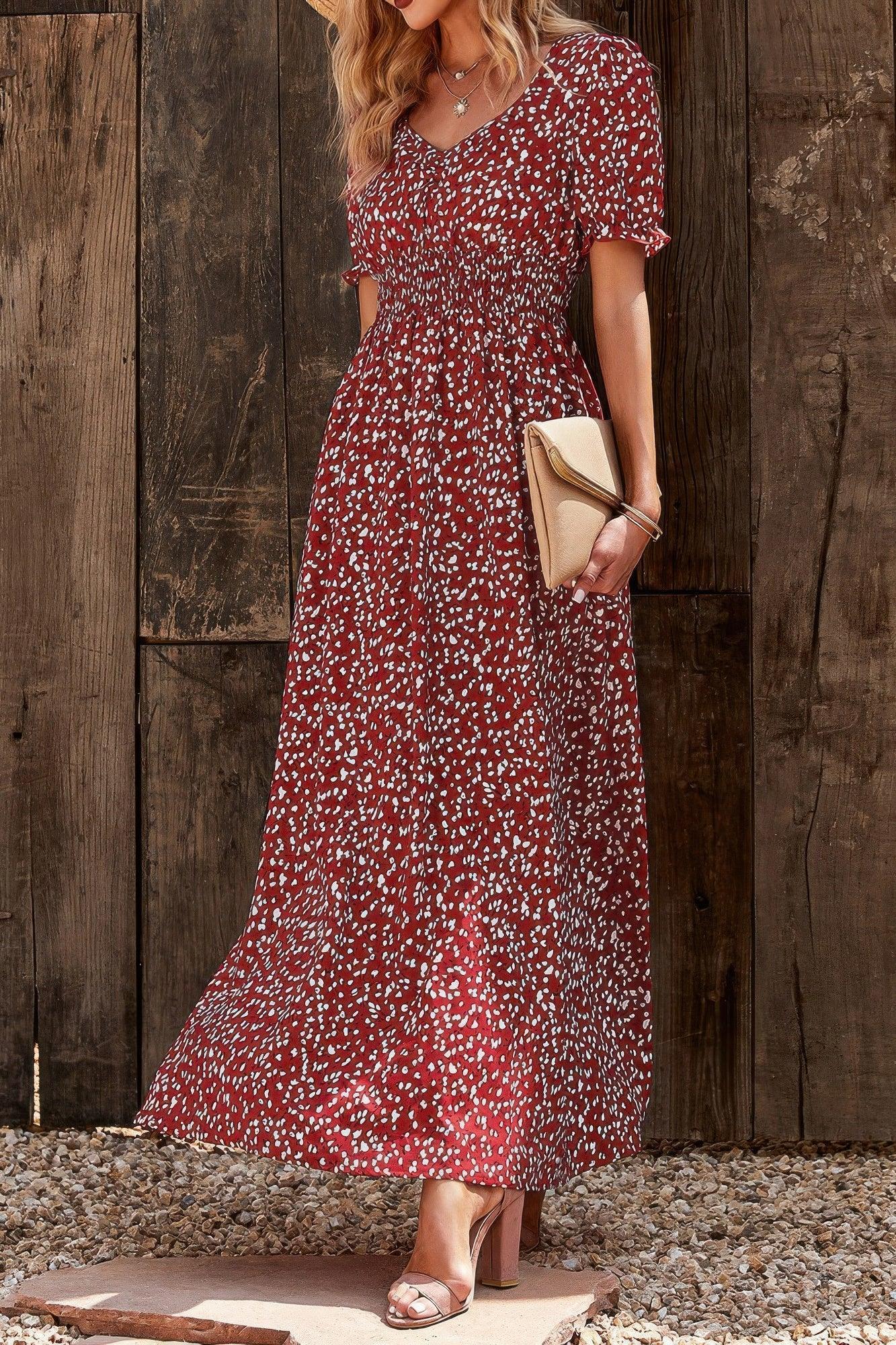 Allover Print Puff Sleeve Ruched Shirred Dress | Mixtshop LLC