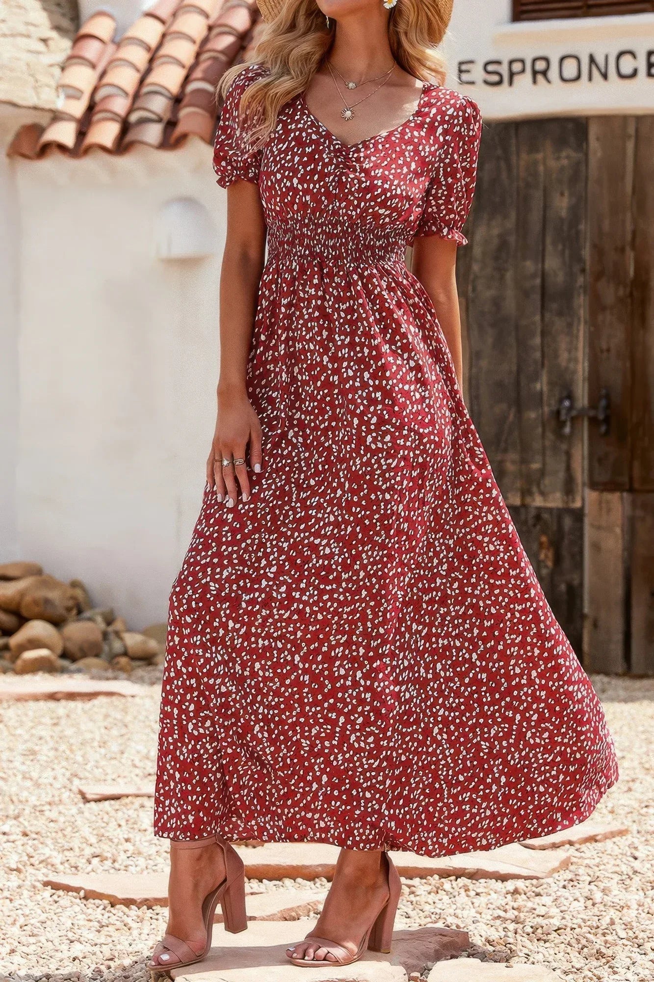 Allover Print Puff Sleeve Ruched Shirred Dress | Mixtshop LLC