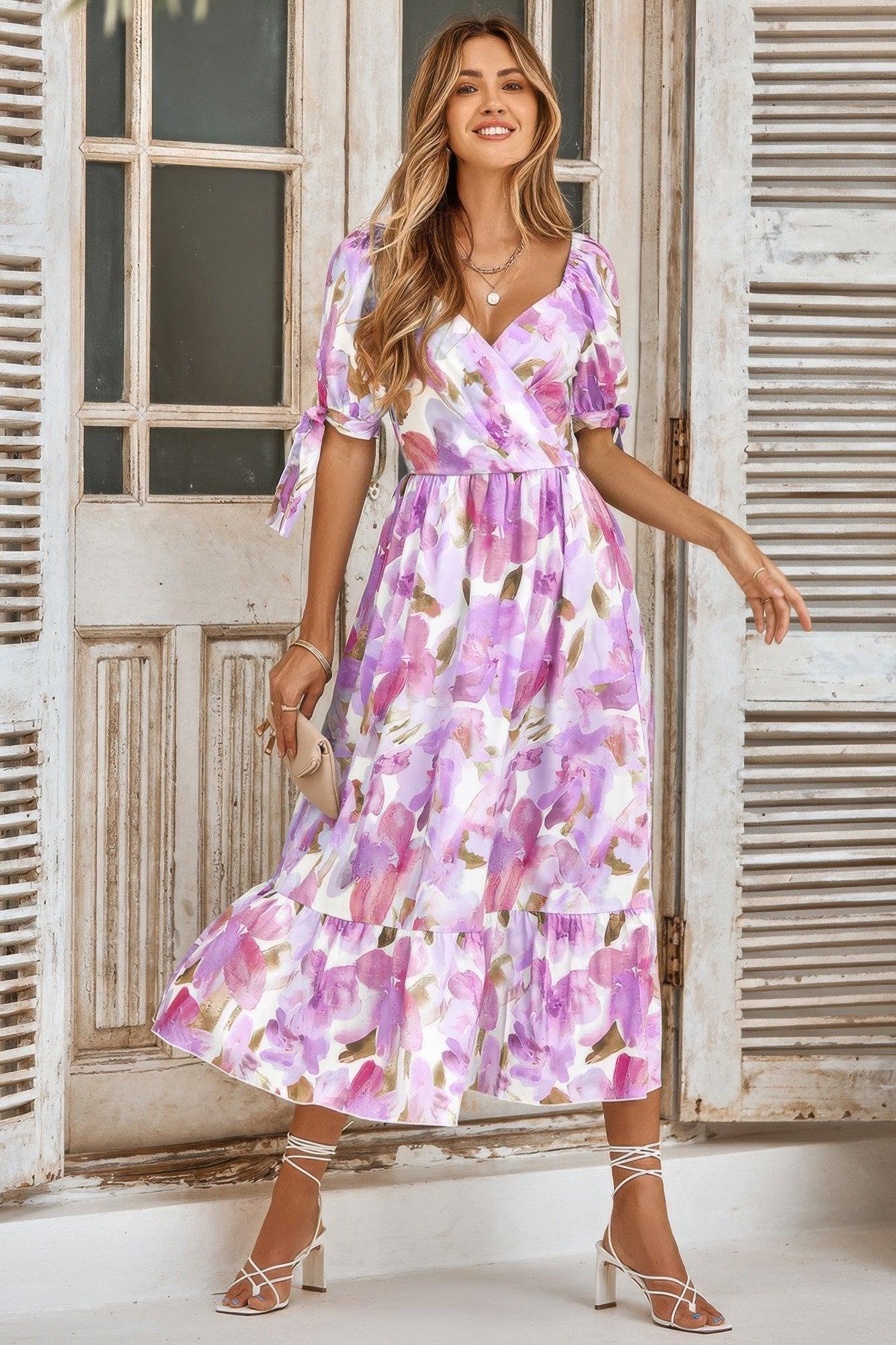 Floral Paint Short Sleeve Tie Cuff Surplice Dress Secondary image