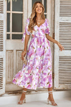 Floral Paint Short Sleeve Tie Cuff Surplice Dress | Mixtshop LLC