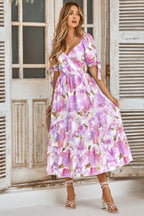 Floral Paint Short Sleeve Tie Cuff Surplice Dress | Mixtshop LLC