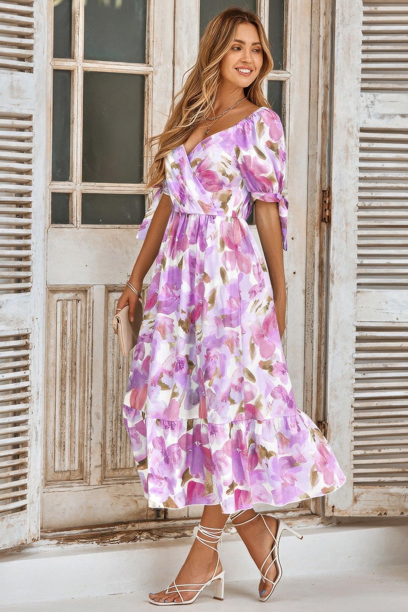 Floral Paint Short Sleeve Tie Cuff Surplice Dress | Mixtshop LLC