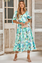 Floral Paint Short Sleeve Tie Cuff Surplice Dress | Mixtshop LLC