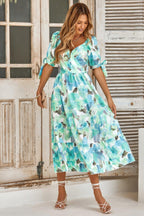 Floral Paint Short Sleeve Tie Cuff Surplice Dress | Mixtshop LLC