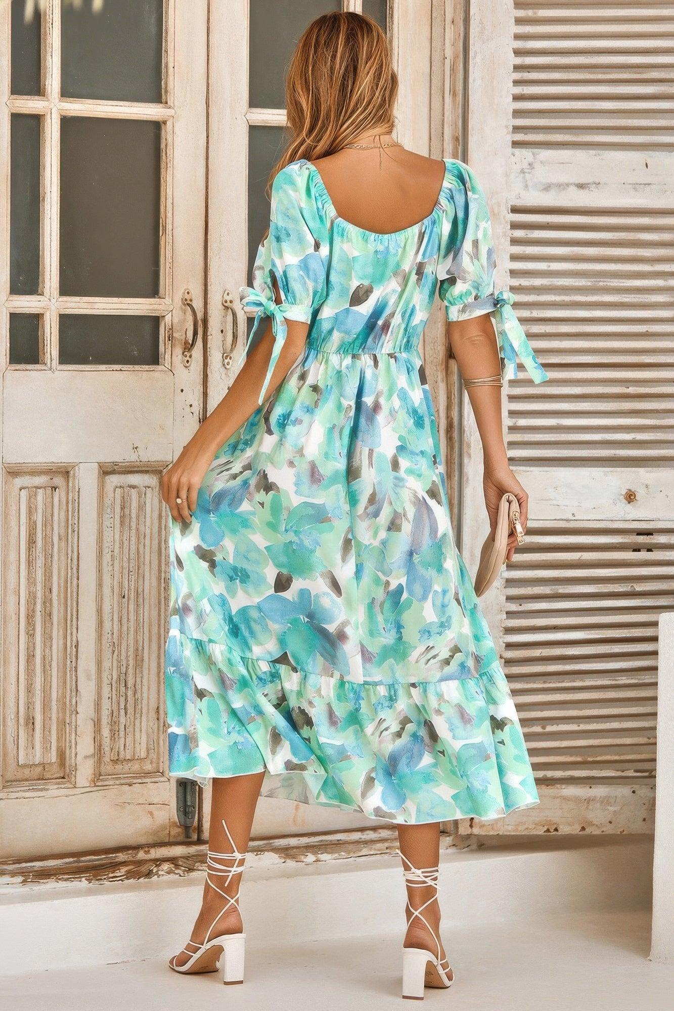 Floral Paint Short Sleeve Tie Cuff Surplice Dress | Mixtshop LLC