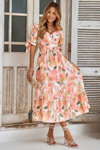 Floral Paint Short Sleeve Tie Cuff Surplice Dress | Mixtshop LLC
