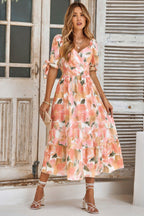 Floral Paint Short Sleeve Tie Cuff Surplice Dress | Mixtshop LLC