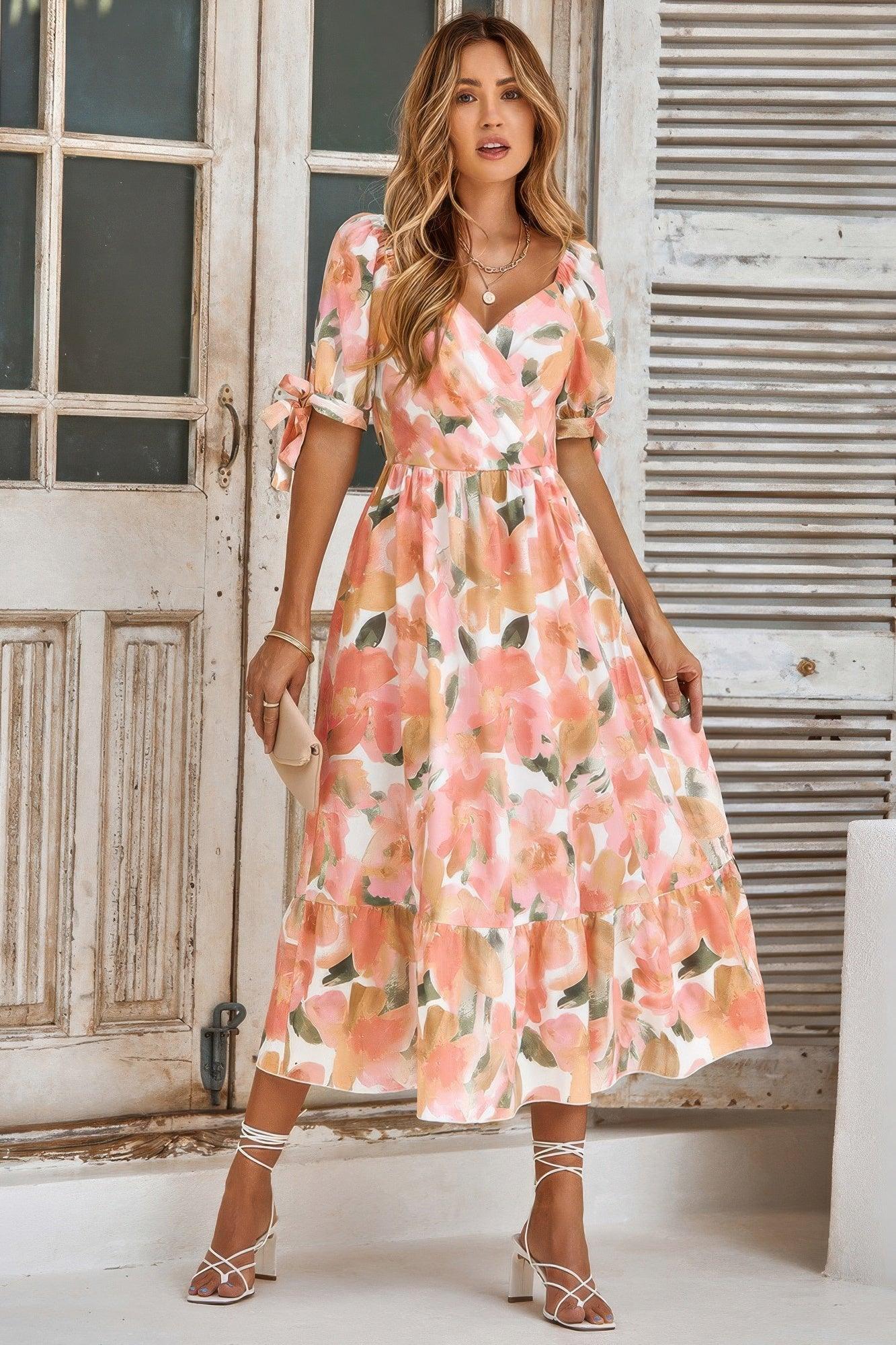 Floral Paint Short Sleeve Tie Cuff Surplice Dress | Mixtshop LLC